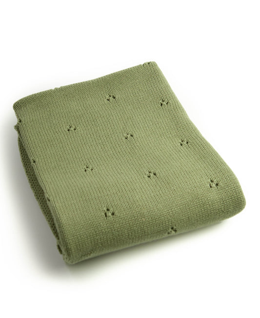 Baumwolldecke gestrickt staubgrün durchbrochen