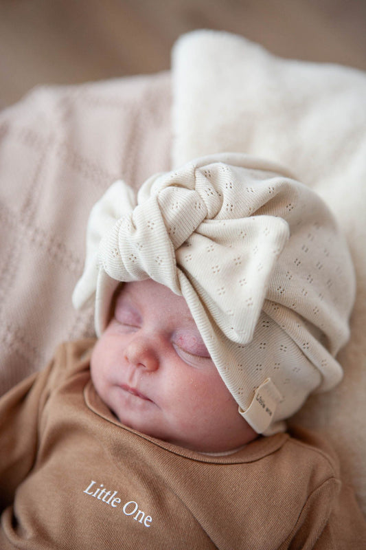 Tulband mutsje ajour beige naturel