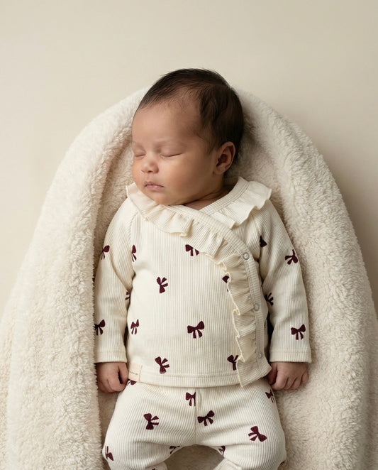 Wrap shirt with ruffled baby rib bows